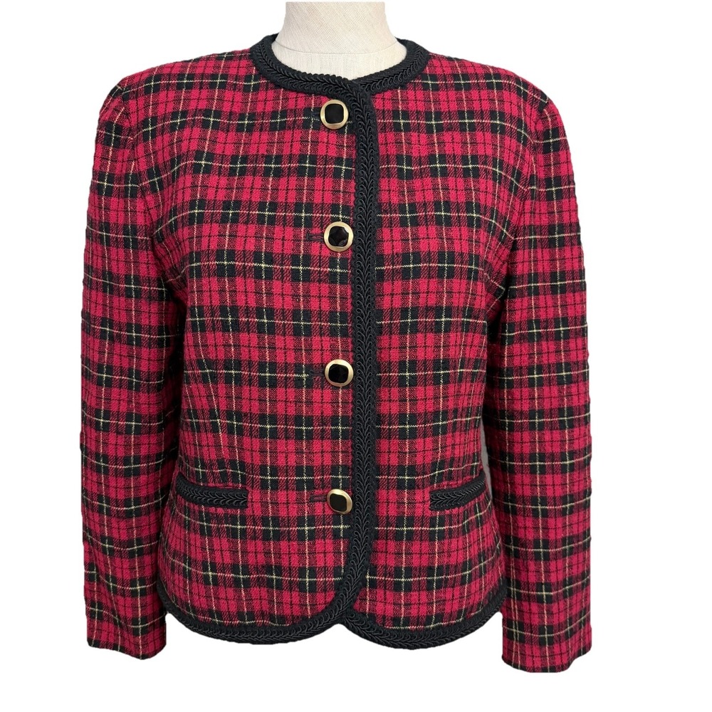 Pendleton Petite Wool Plaid‎ Jacket Red Black Gold Trim Vintage Classic 6